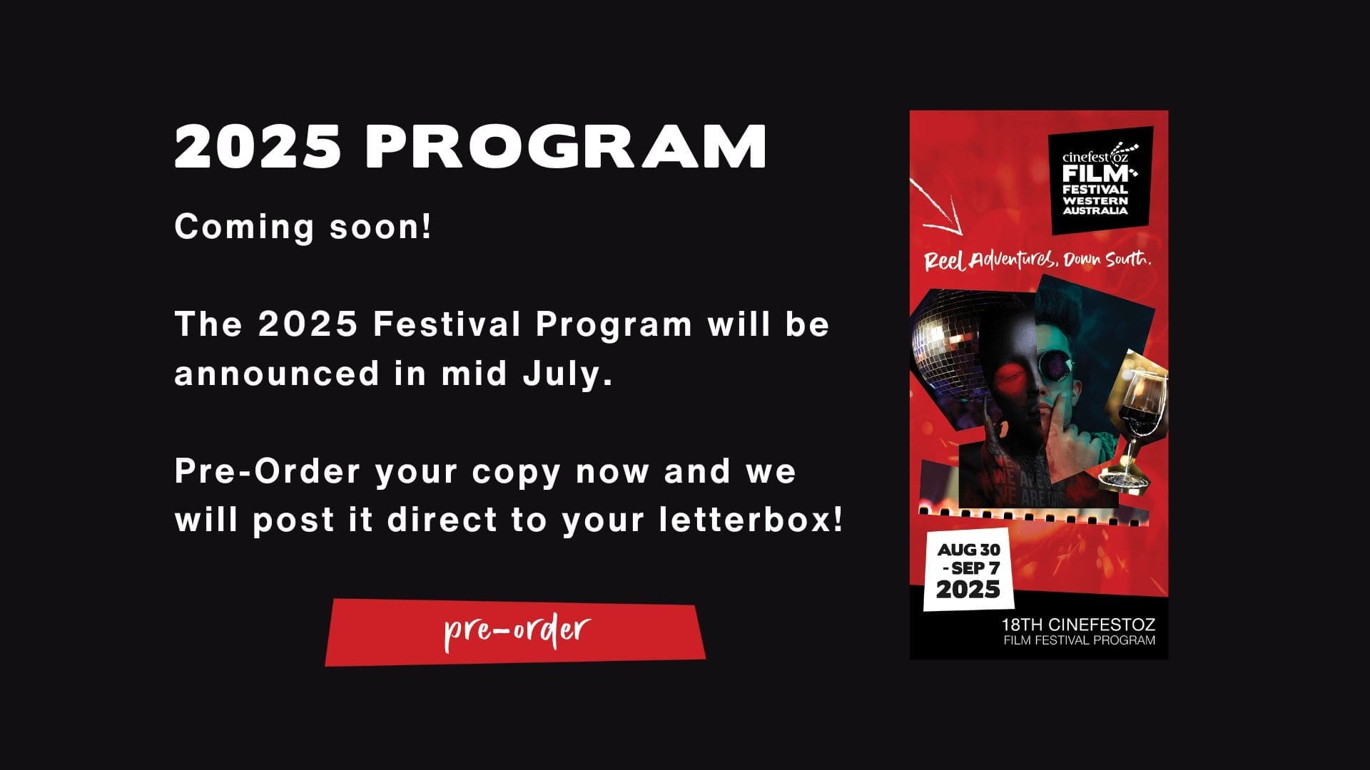 Slide Image Advertising The 2025 Cinefestoz Film Festival Program Can Be Pre Ordered, It Will Be Posted To Purchasers